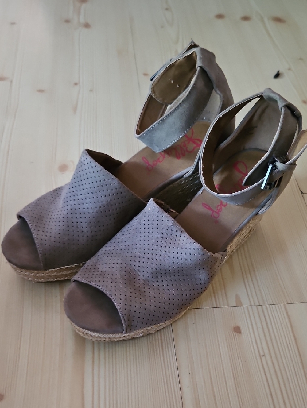 Jellypop Taupe Perforated Espadrille Wedge Sandals with Ankle Strap